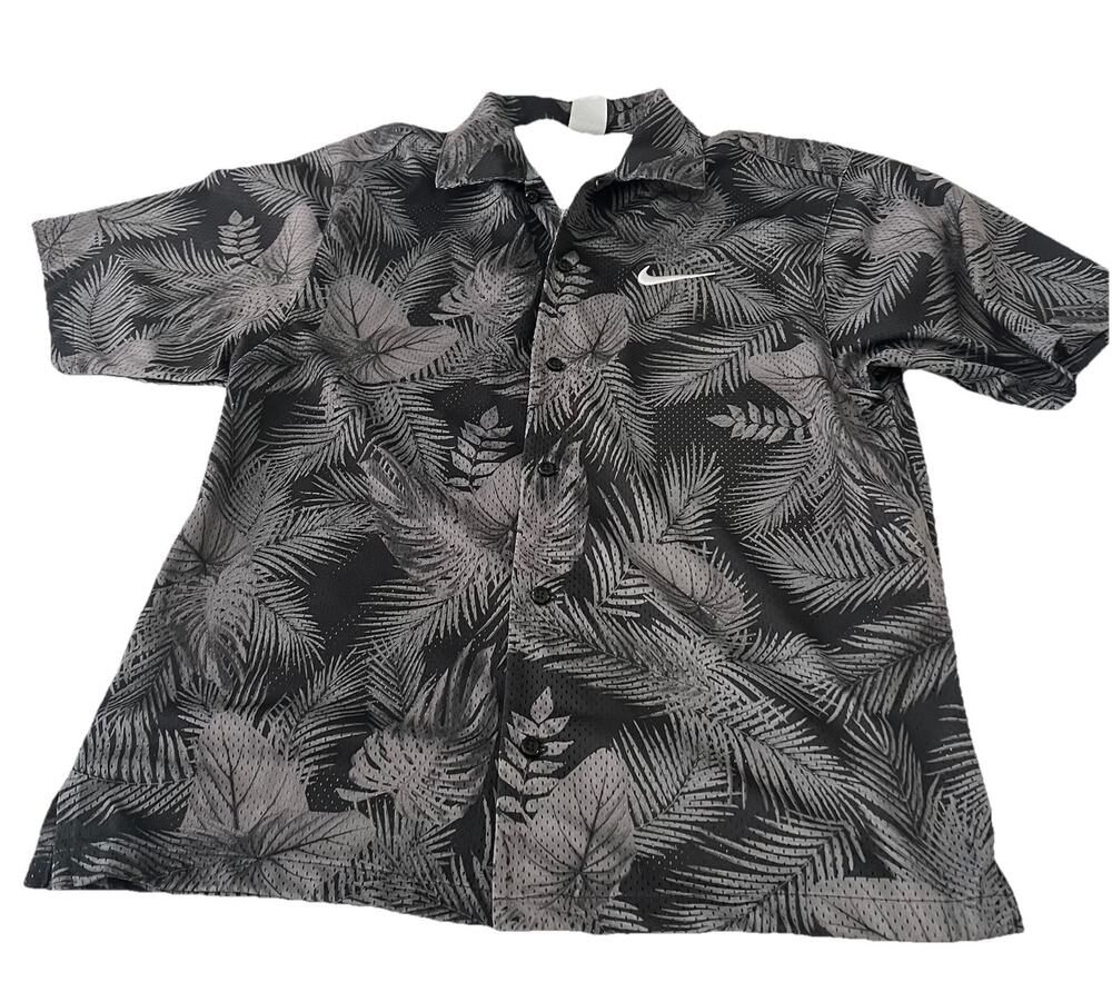 Nike Dri-FIT Camp Shirt Medium Black Gray Tropical Floral Golf Resort Button Up